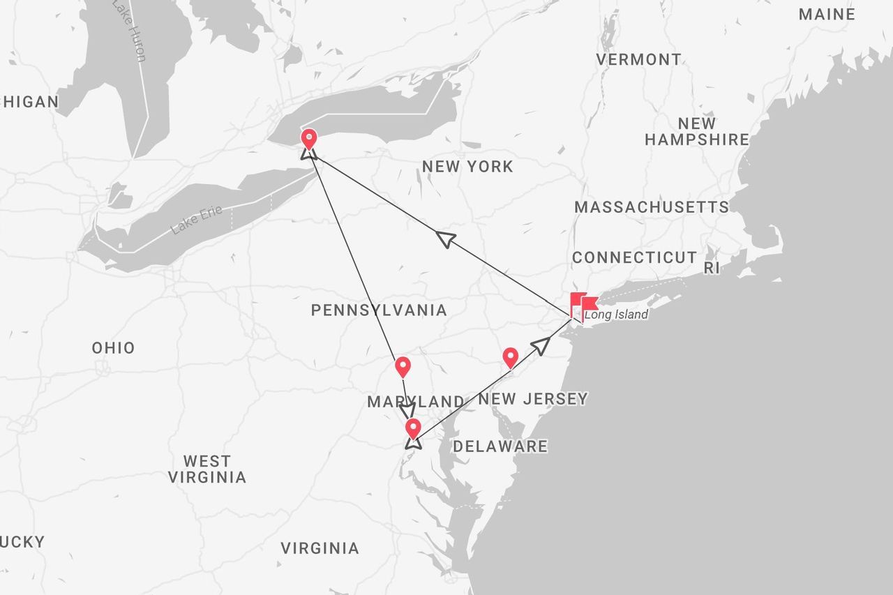 Mappa del Nord-est USA con itinerario di viaggio: New York, Pennsylvania, Maryland e New Jersey.