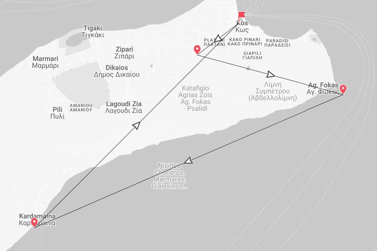Una mappa dell'isola di Kos, Grecia, che mostra un itinerario di viaggio che collega la città di Kos, Ag. Fokas e Kardamaina.