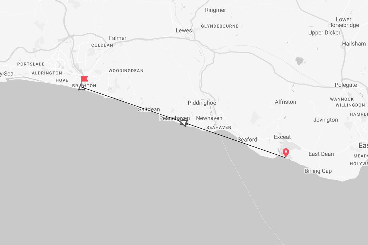 Mappa del percorso costiero da Brighton a East Dean in Inghilterra, passando per Peacehaven e Seaford.