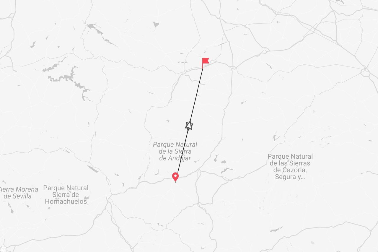 Mappa di un itinerario di viaggio attraverso il Parco Naturale della Sierra de Andújar, Spagna, con punti di partenza e arrivo.