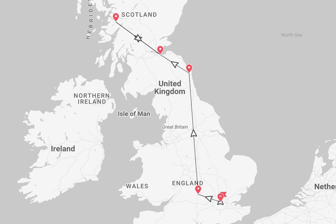 Una mappa del Regno Unito che mostra un itinerario di viaggio dalla Scozia fino all'Inghilterra meridionale.