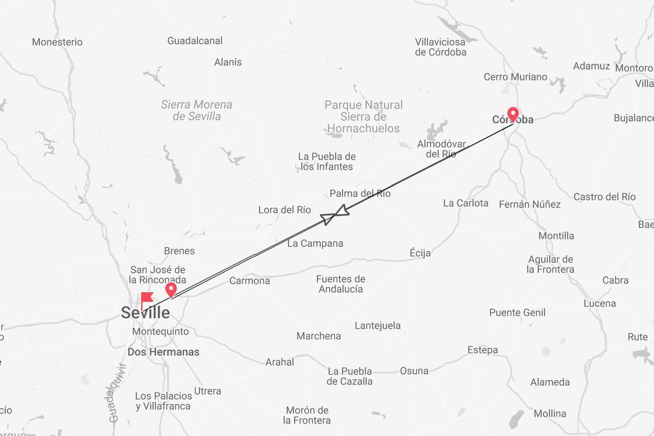 Una mappa che mostra un itinerario di viaggio tra le città di Siviglia e Cordoba in Spagna, con varie località segnate lungo il percorso.