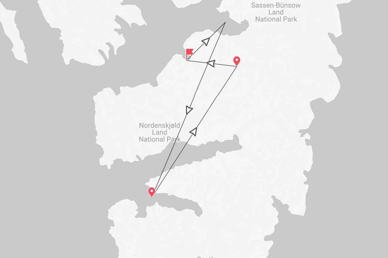Una mappa semplificata che mostra un itinerario di viaggio attraverso il Parco Nazionale di Nordenskjøld Land e il Parco Nazionale di Sassen-Bünsow Land.