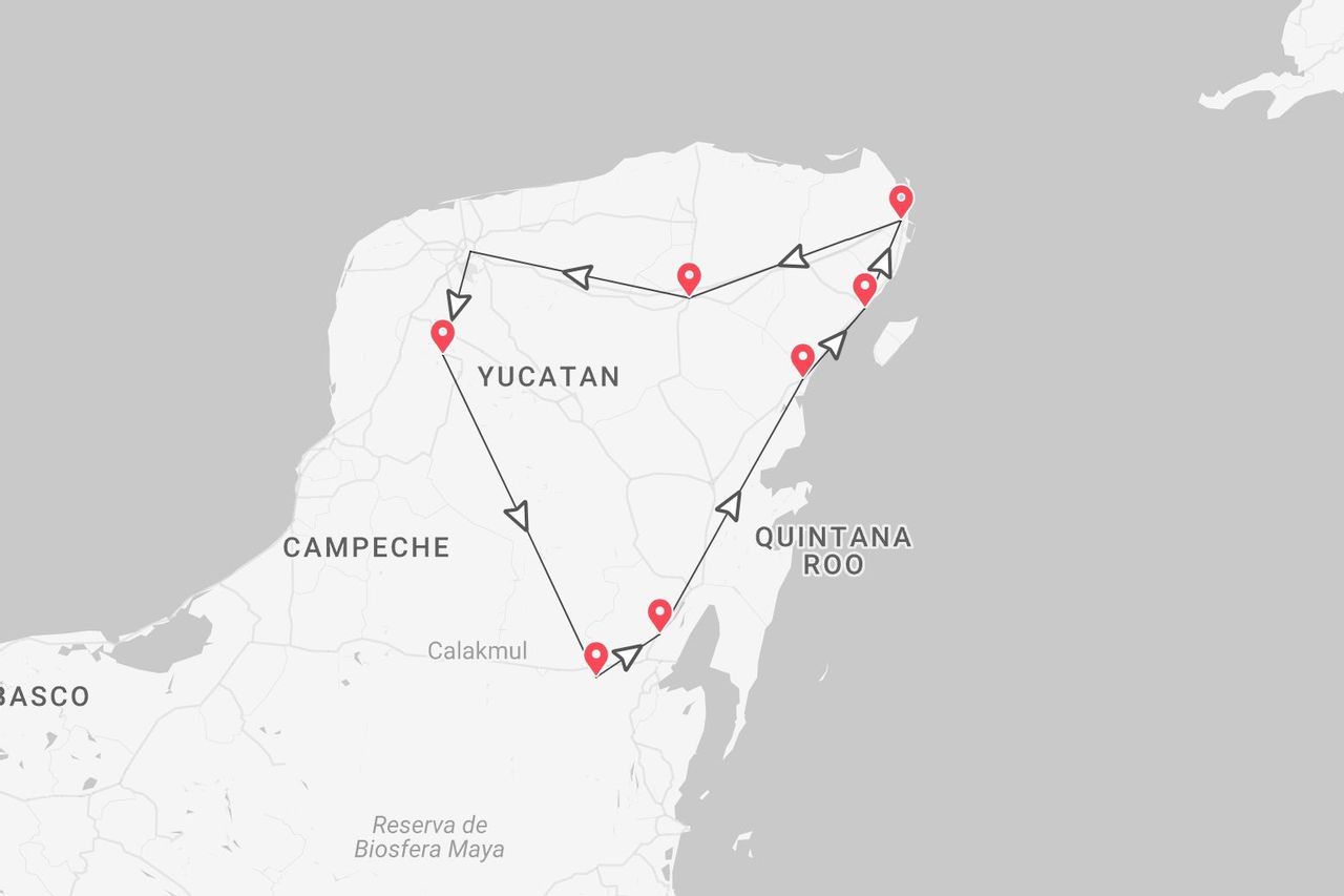 Mappa di un itinerario di viaggio attraverso gli stati messicani di Yucatan, Campeche e Quintana Roo.
