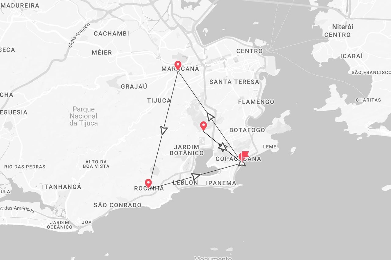 Una mappa stilizzata di Rio de Janeiro che mostra un itinerario di viaggio con tappe a Maracanã, Rocinha e Copacabana.