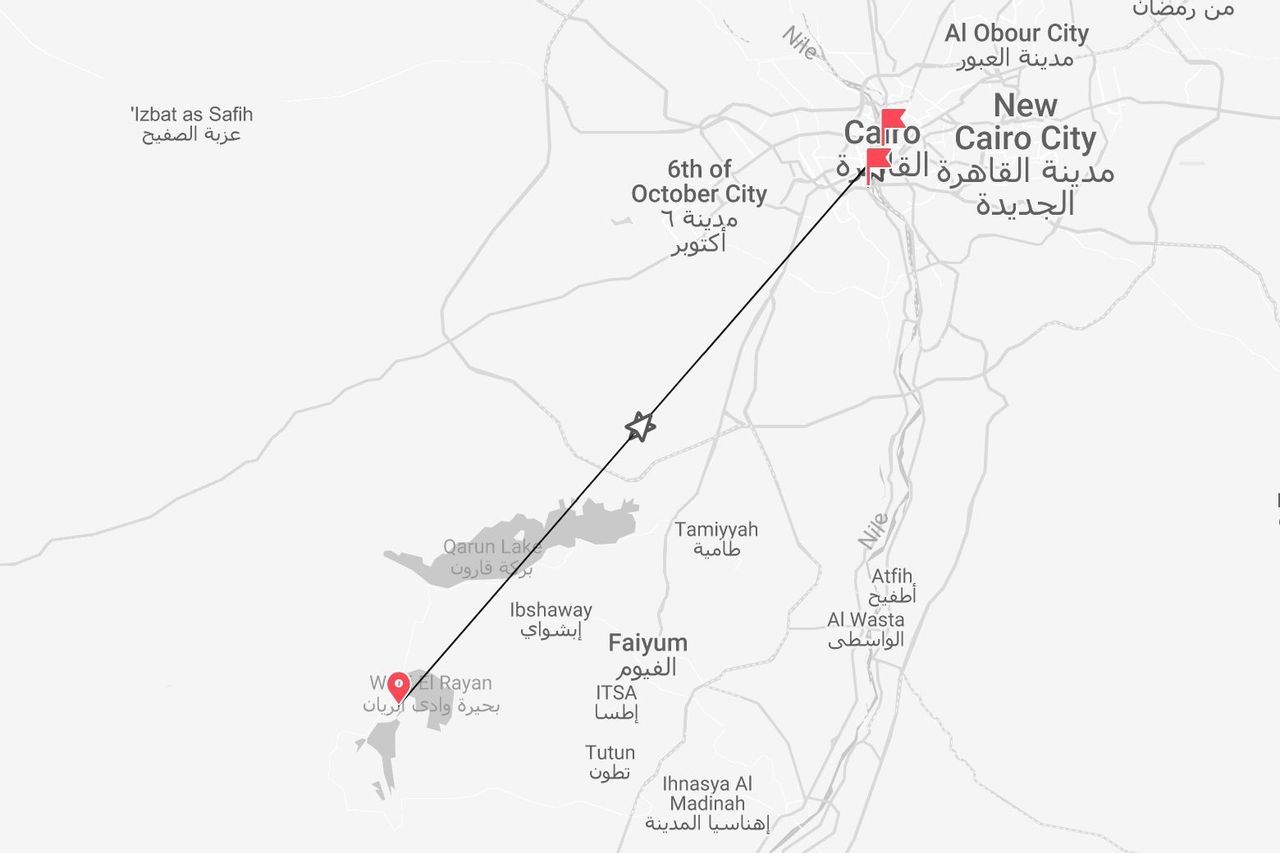 Mappa dell'Egitto: itinerario di viaggio dal Cairo a Wadi El Rayan, passando per Faiyum.