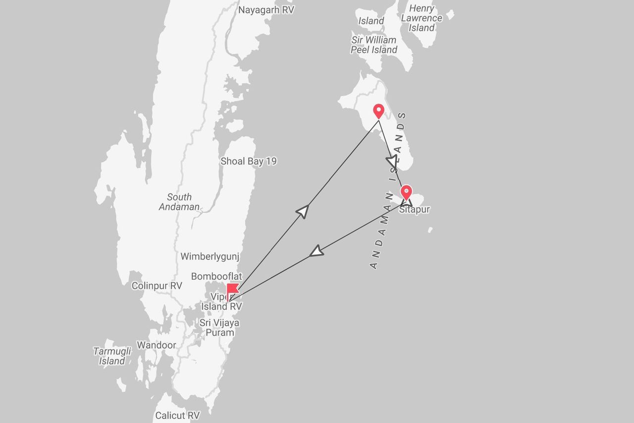 Mappa delle Isole Andamane con itinerario di viaggio e tappe, che collega l'Isola Viper, Sitapur e un'altra località dell'arcipelago.