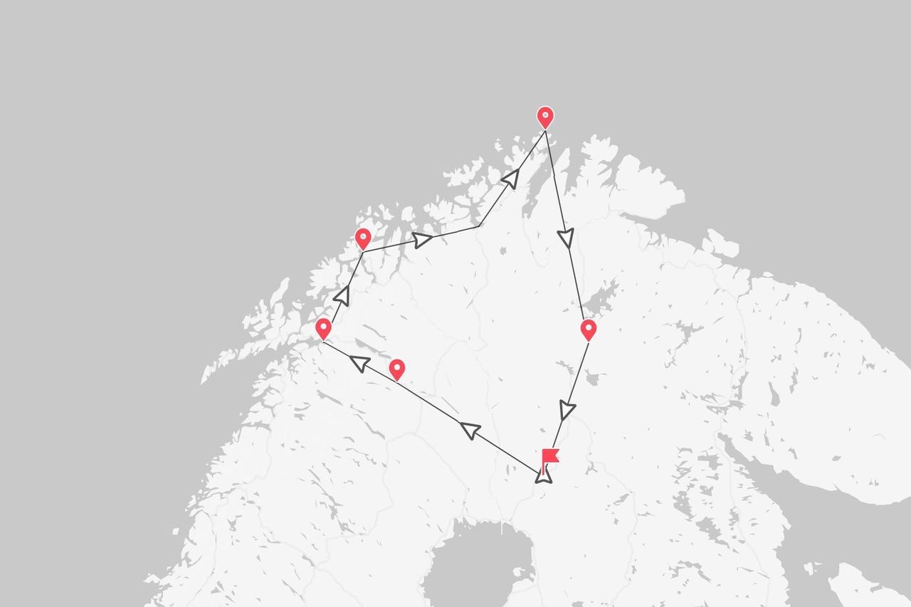 Una mappa minimalista della Scandinavia settentrionale che mostra un itinerario di viaggio circolare contrassegnato da segnaposto rossi e frecce direzionali.