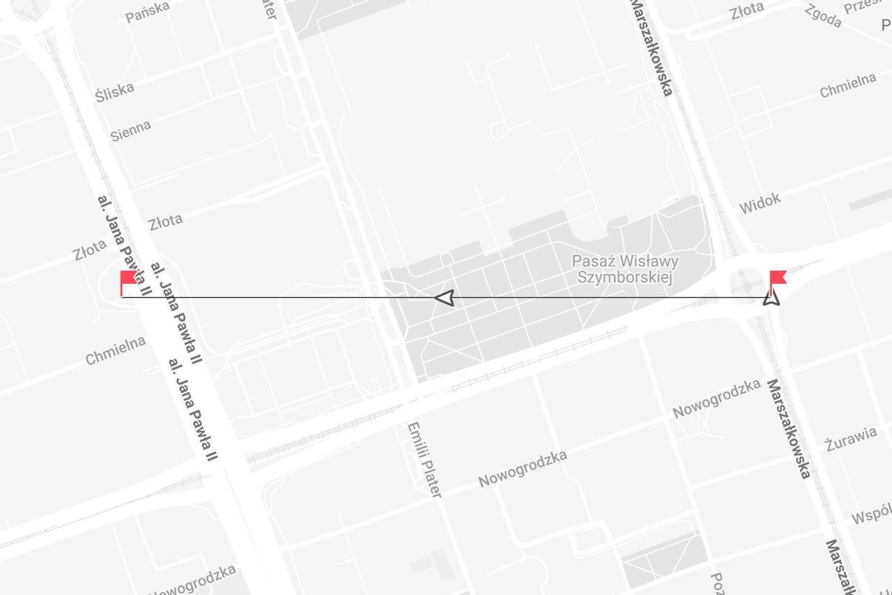 Una mappa delle strade cittadine che mostra un percorso segnato da Viale Jana Pawła II a Via Marszałkowska.
