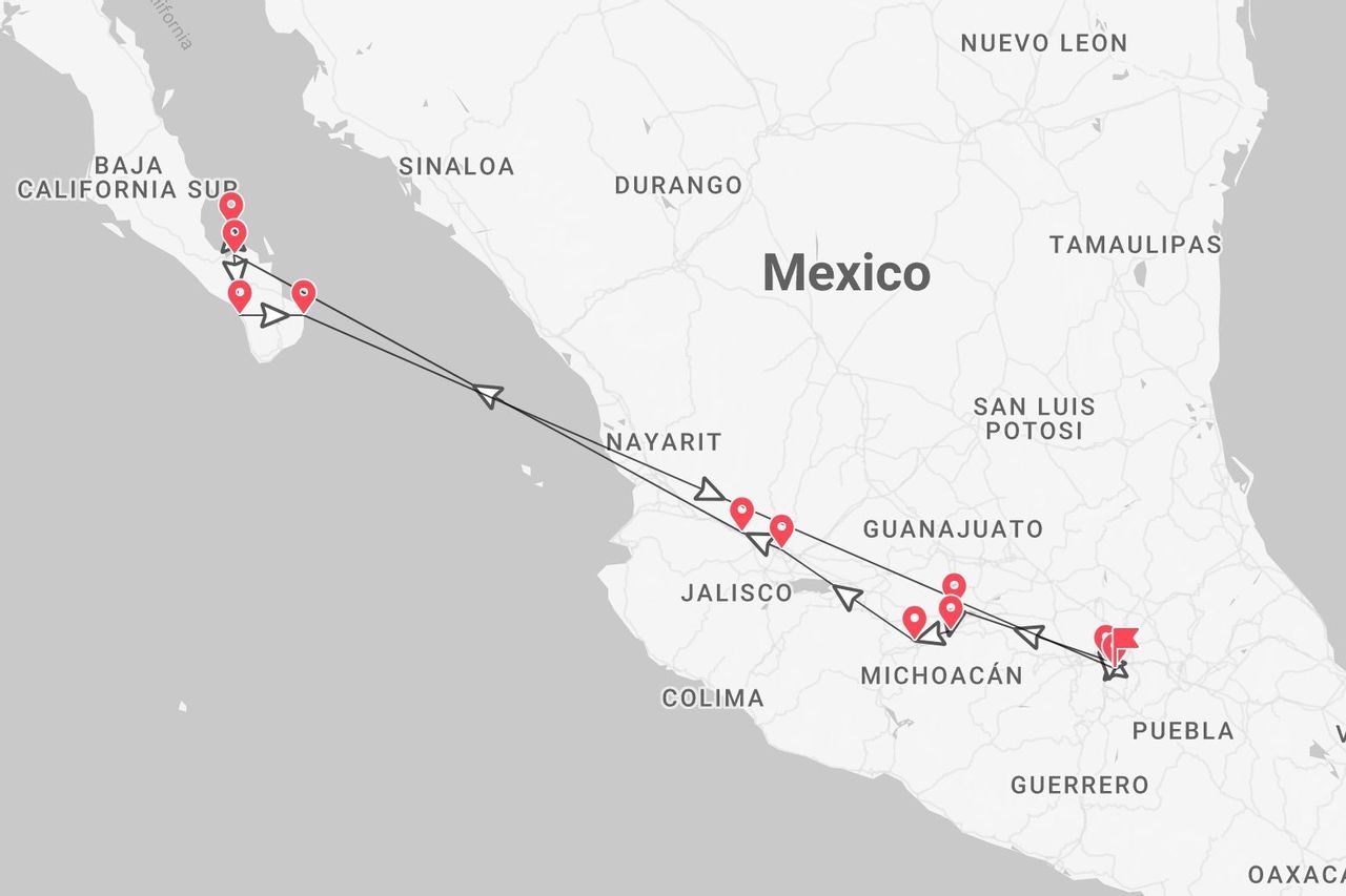 Mappa del Messico: itinerario di viaggio dalla Bassa California del Sud, con tappe in Jalisco e Michoacán.