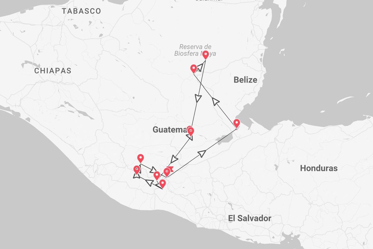 Mappa di un itinerario di viaggio di Guatemala e Belize, che mostra un percorso segnato da puntine rosse e linee di collegamento.