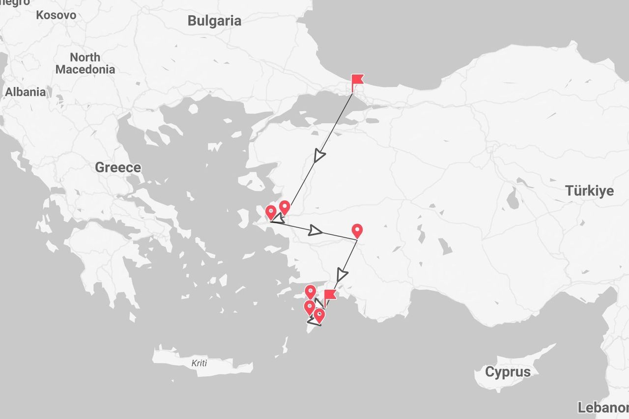Mappa di un itinerario di viaggio in Turchia e Grecia, con puntine rosse e linea direzionale.