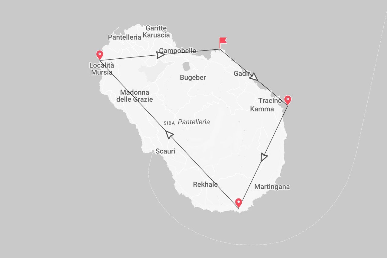 Mappa di un itinerario di viaggio sull'isola di Pantelleria, con le località chiave Mursia, Campobello e Tracino.