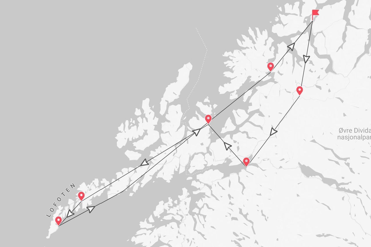 Una mappa stilizzata che mostra un itinerario di viaggio attraverso le isole Lofoten e vicino al Parco Nazionale Øvre Dividal in Norvegia.