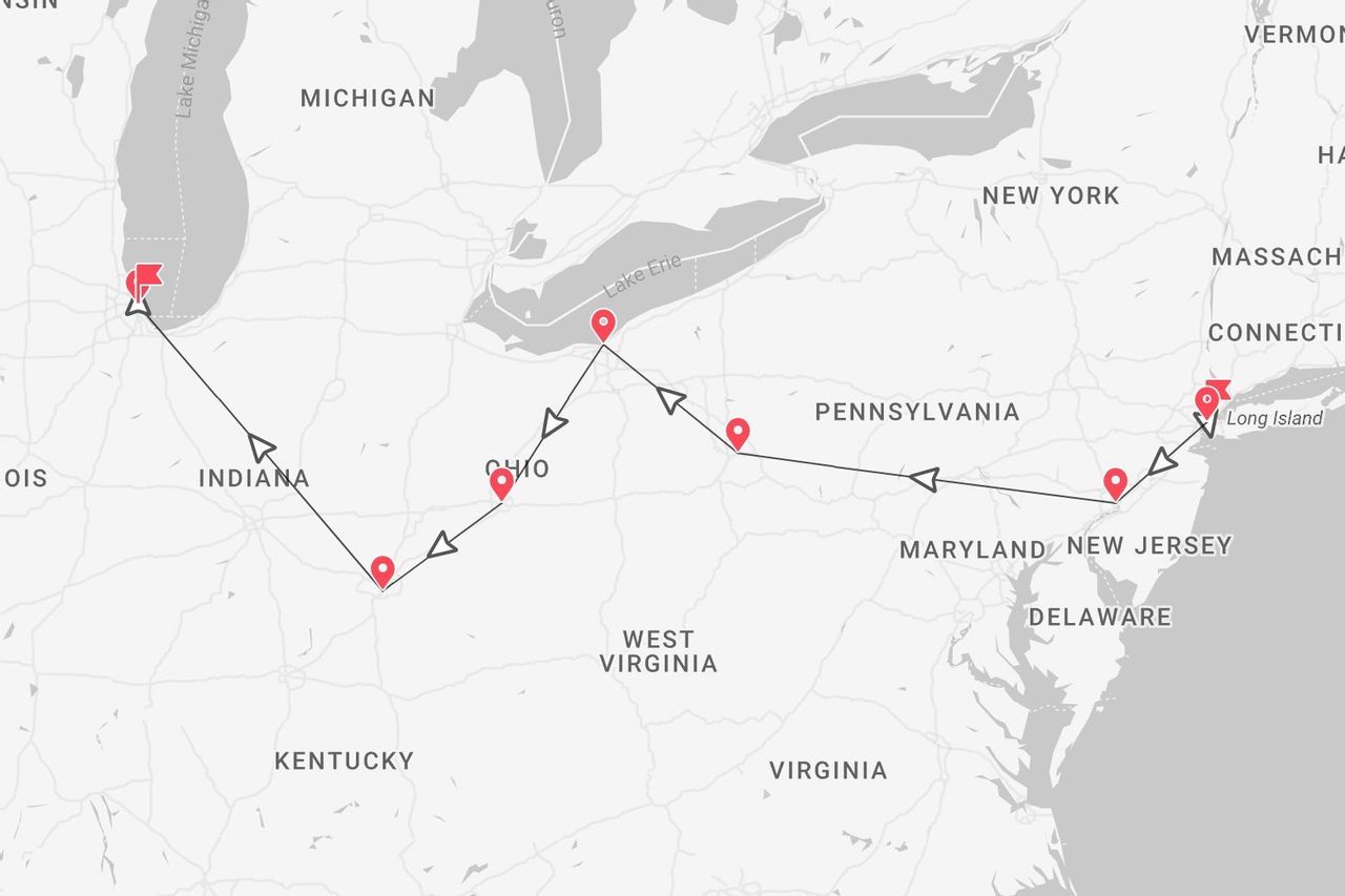 Una mappa degli Stati Uniti nord-orientali che mostra un itinerario di viaggio con inizio in Illinois e fine a New York.