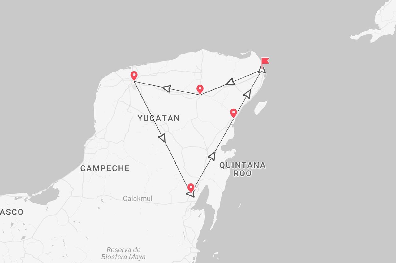 Mappa di un itinerario di viaggio nella penisola dello Yucatán, che attraversa gli stati di Yucatán, Quintana Roo e Campeche.
