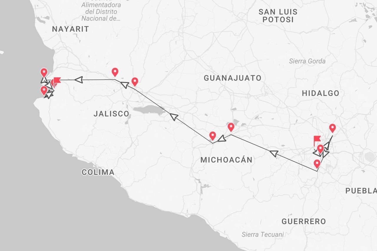 Una mappa di un itinerario di viaggio in Messico, che mostra un percorso che attraversa gli stati di Jalisco, Michoacán e Hidalgo.