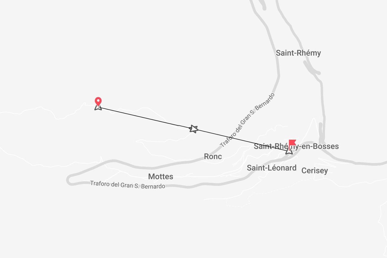 Una mappa semplificata che mostra un percorso vicino a Saint-Rhémy-en-Bosses e il Traforo del Gran S. Bernardo.
