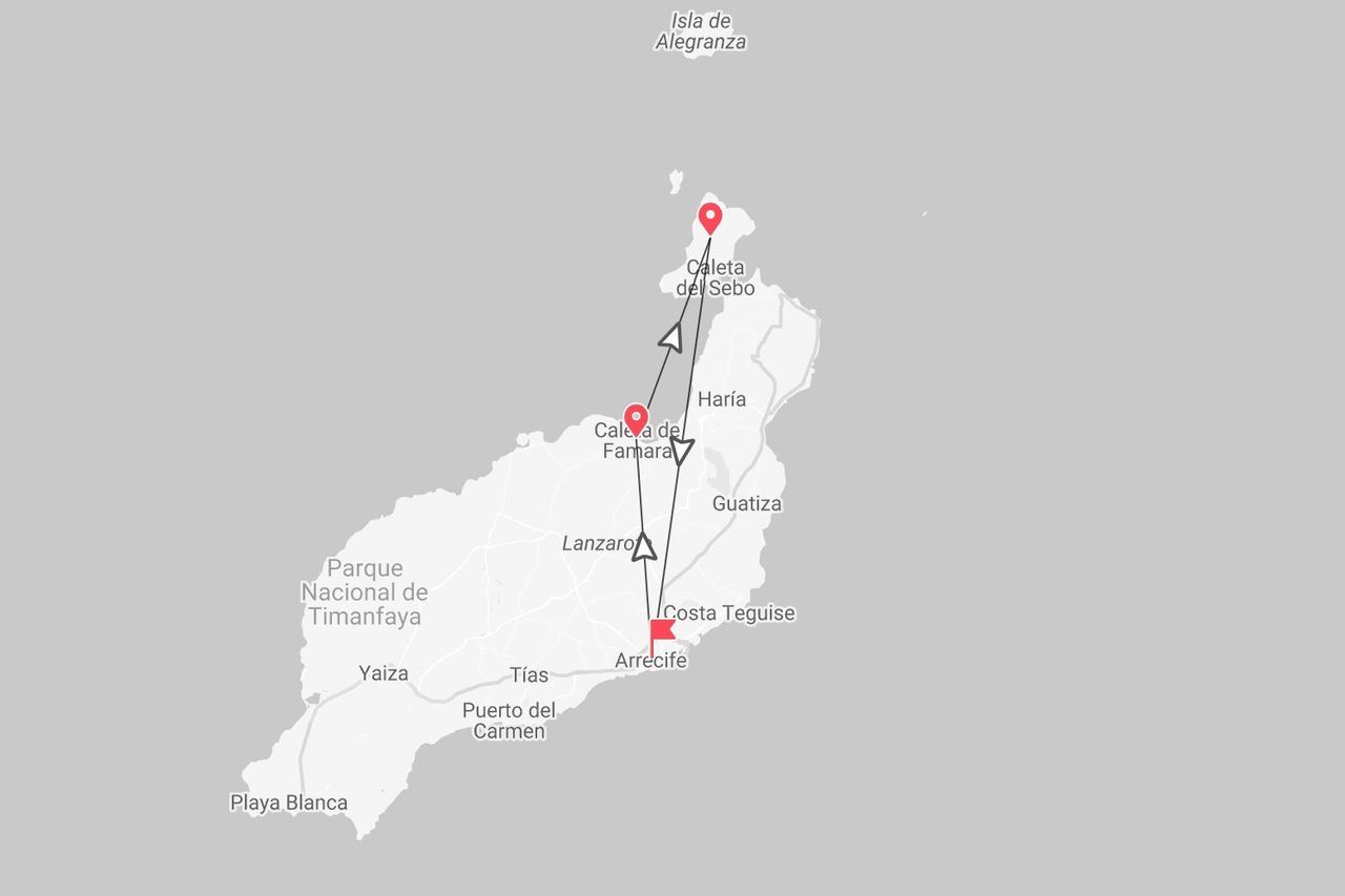 Una mappa di Lanzarote che mostra un itinerario di viaggio con partenza da Arrecife, passando per Caleta de Famara, e terminando a Caleta del Sebo.