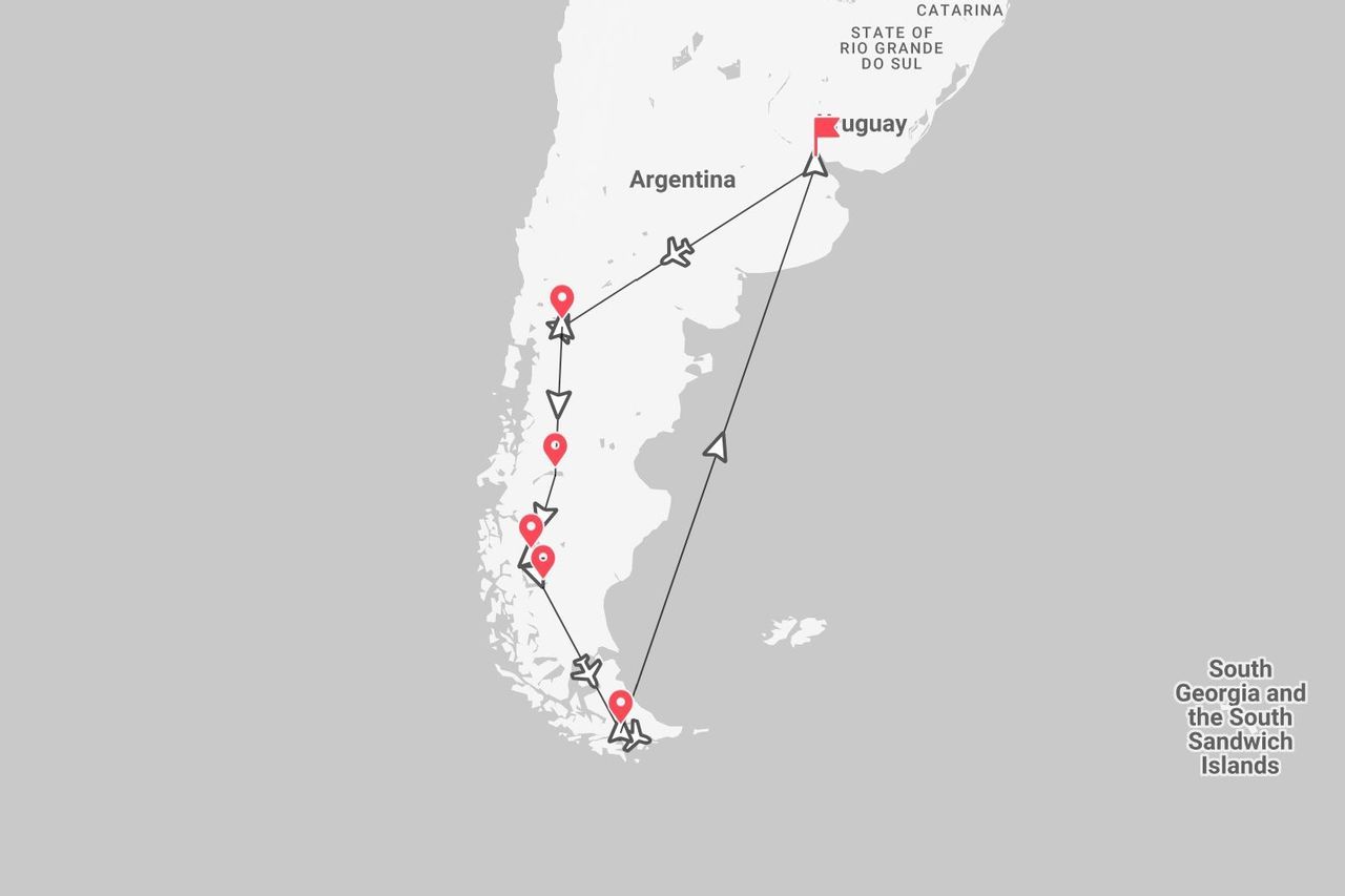 Una mappa del Sud America meridionale che mostra un itinerario di viaggio con puntine rosse attraverso l'Argentina e una rotta aerea per l'Uruguay.