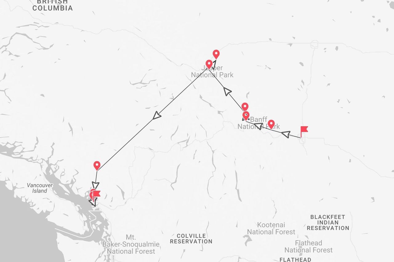 Mappa di un itinerario in Columbia Britannica, da Vancouver ai Parchi Nazionali di Jasper e Banff.