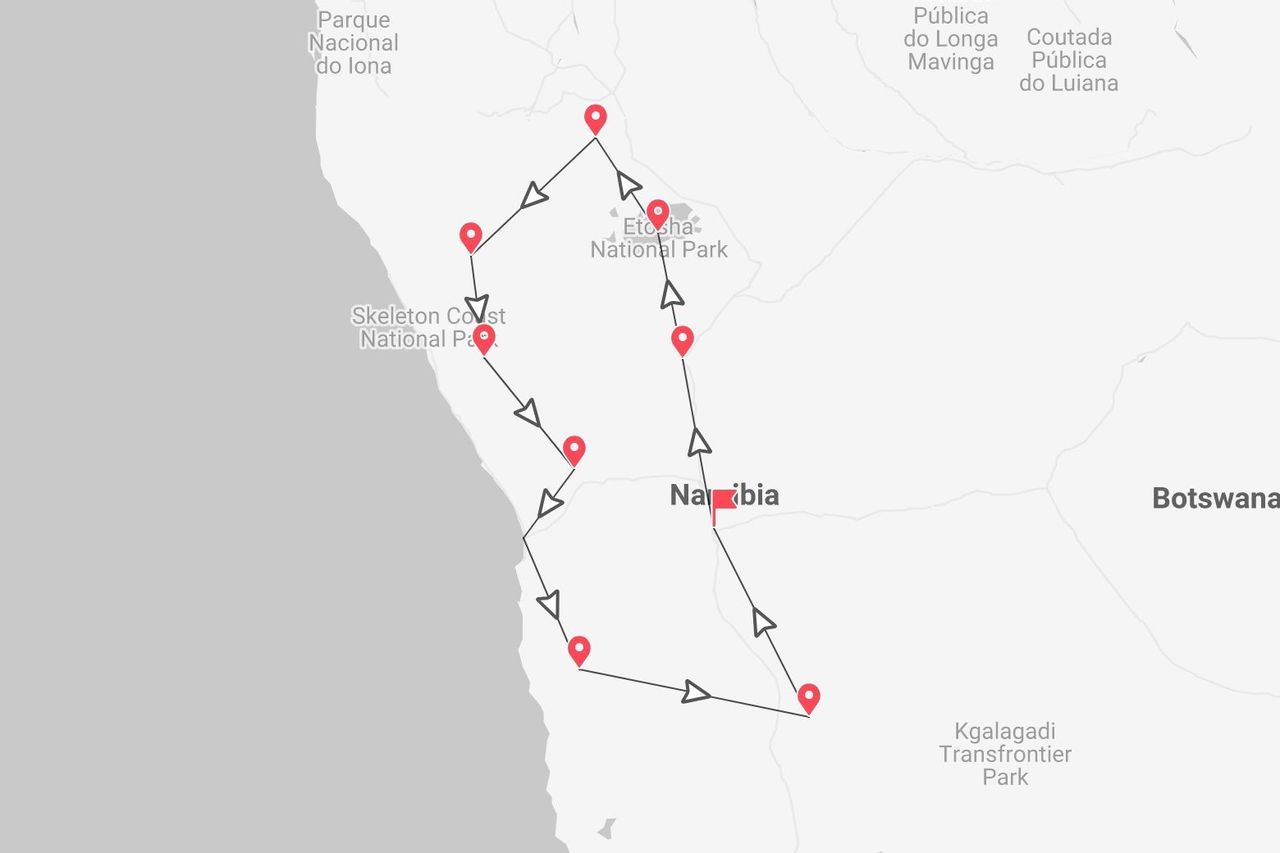 Mappa dell'itinerario di viaggio in Namibia, con percorso circolare attraverso il Parco Nazionale Etosha e il Parco Nazionale Skeleton Coast.