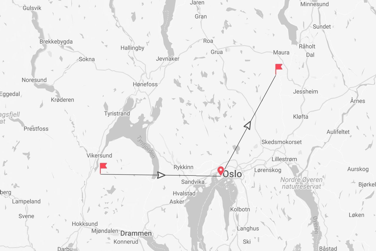 Mappa della regione di Oslo, Norvegia, con un itinerario contrassegnato da puntine a Vikersund, Oslo e Maura.