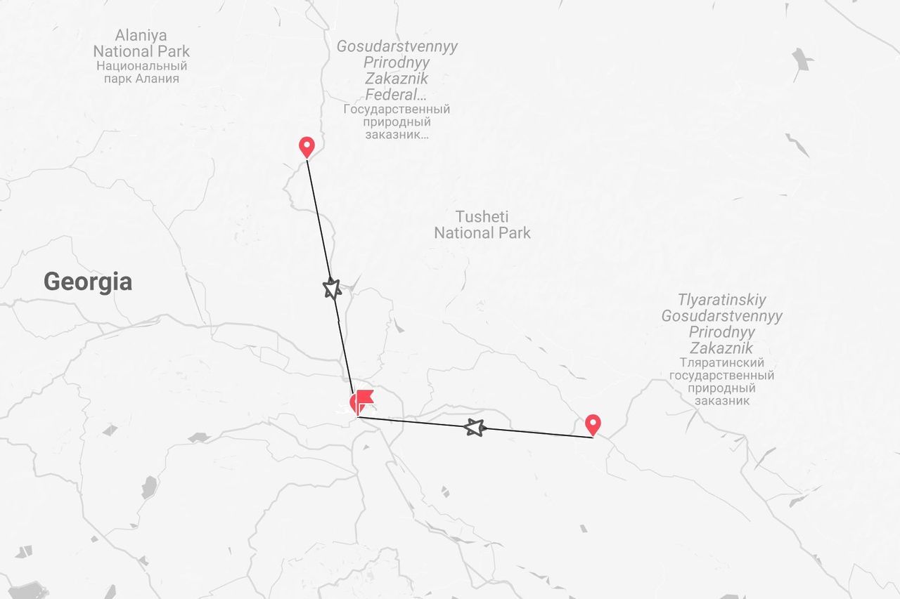Una mappa della Georgia che mostra un itinerario di viaggio attraverso il Parco Nazionale di Tusheti e altre aree protette.
