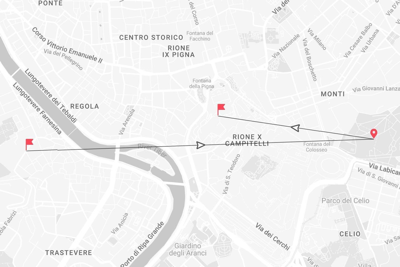 Una mappa di Roma con un itinerario che attraversa il fiume Tevere, passando per i rioni Regola e Campitelli, e che termina nei pressi del Colosseo.