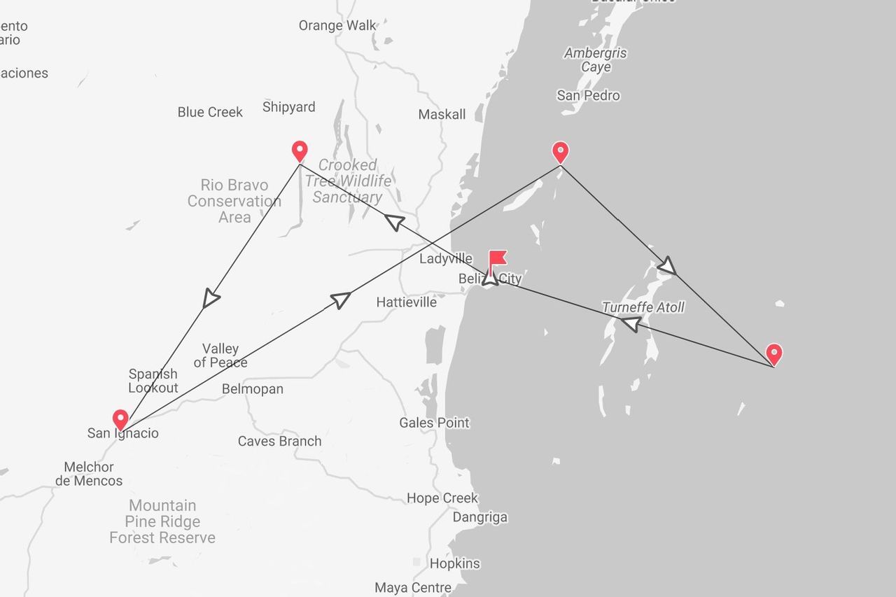Una mappa che mostra un itinerario di viaggio attraverso il Belize, con tappe segnate a San Ignacio, San Pedro e l'Atollo di Turneffe.