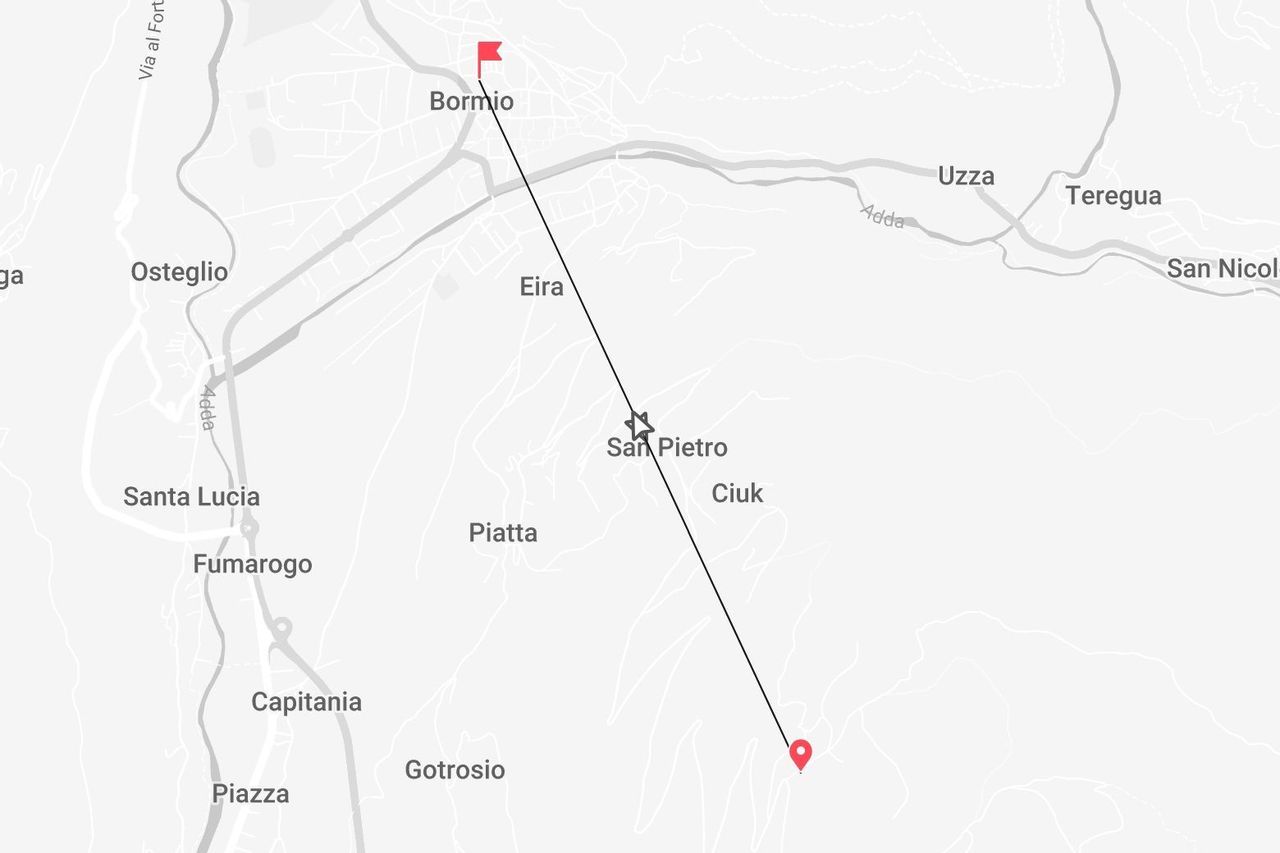 Mappa in scala di grigi che mostra una linea di percorso diretta da Bormio a un punto a sud-est, passando vicino a San Pietro.