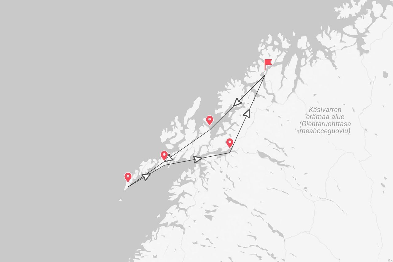 Un mapa estilizado que muestra un itinerario de viaje con marcadores de ubicación y un destino marcado en la región de Käsivarren erämaa-alue.