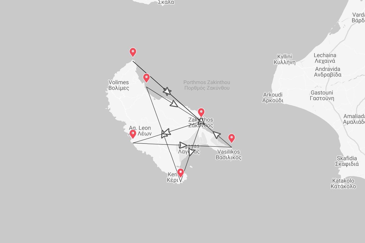 Un mapa de la isla de Zante, Grecia, mostrando un itinerario de viaje con paradas en varios pueblos, incluyendo Volimes y la ciudad de Zante.