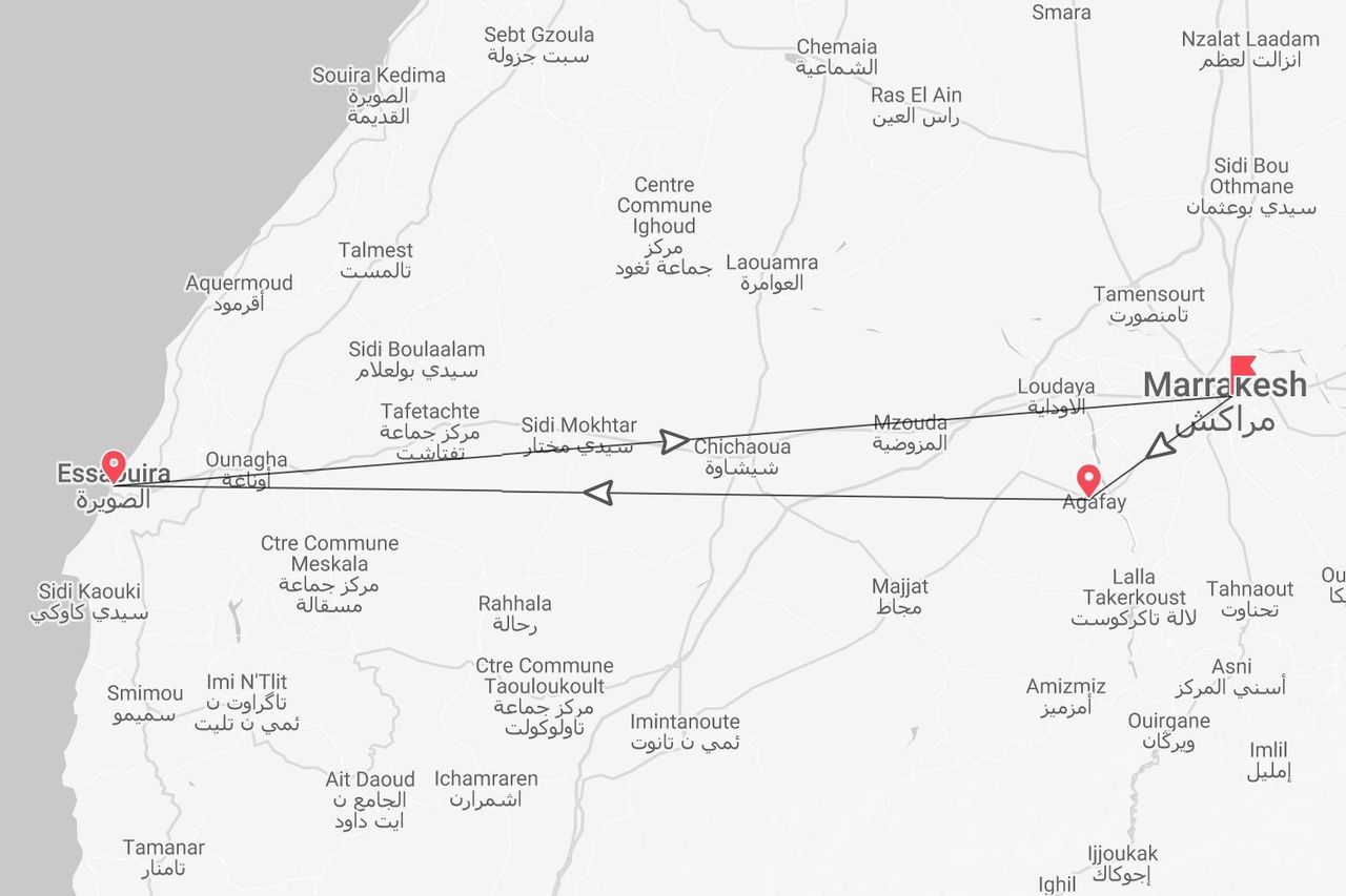 Eine Karte, die die Reiseroute zwischen Essaouira und Marrakesch in Marokko zeigt, mit einer Markierung für die Stadt Agafay.