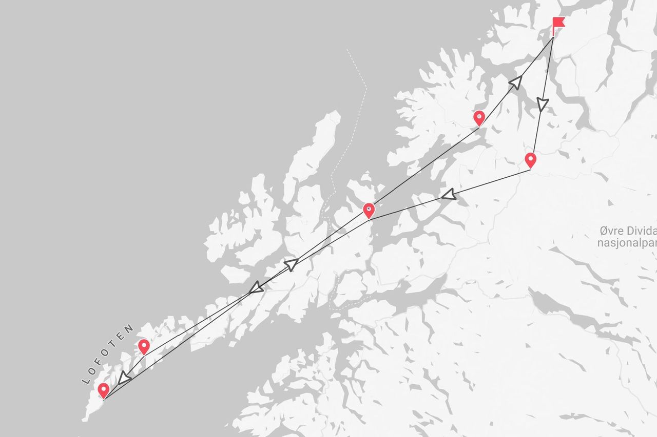 A stylized map showing a travel route through the Lofoten islands and towards Øvre Dividal National Park in Norway.