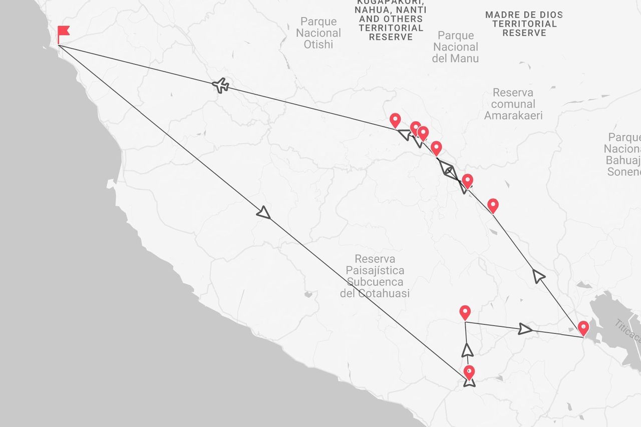 A map of a travel route through Peru, with pins marking an itinerary that passes near Parque Nacional del Manu and Lake Titicaca.