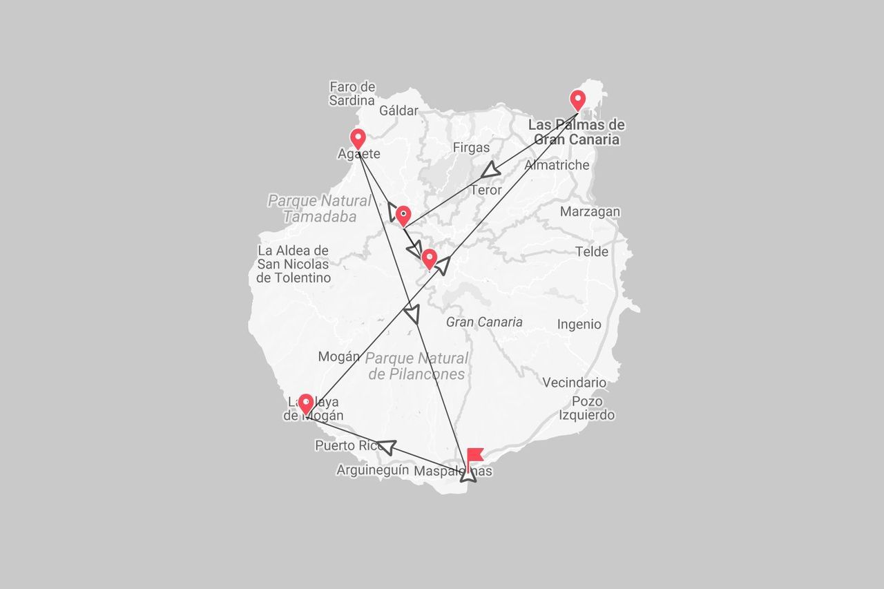 A map of Gran Canaria showing a travel itinerary with red pins marking locations like Las Palmas de Gran Canaria, Agaete, and Maspalomas.