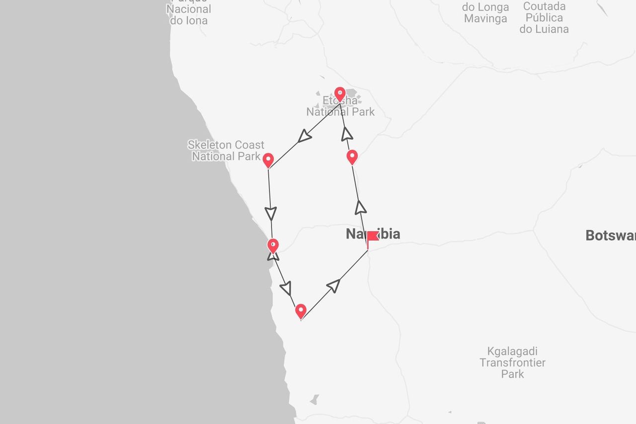 A map displaying a travel itinerary through Namibia, with key stops including Etosha National Park and Skeleton Coast National Park.