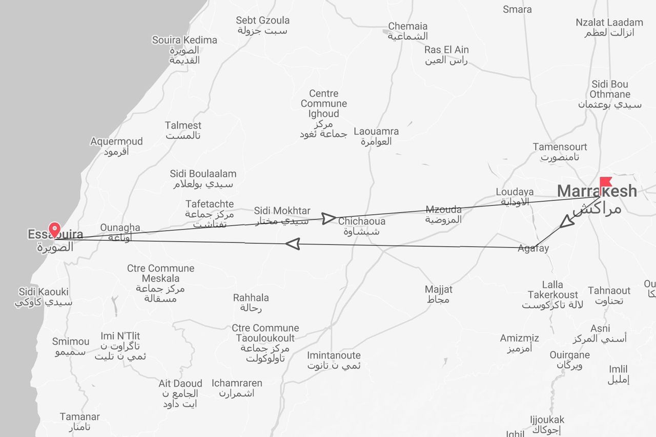 A map of Morocco showing a travel route between the cities of Essaouira and Marrakesh.