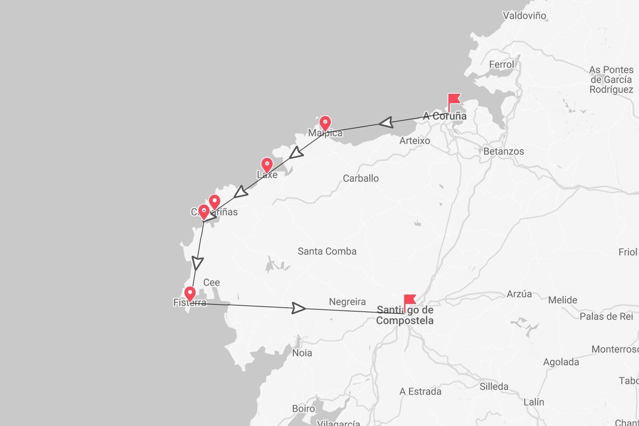 Mapa de ruta de viaje desde Santiago de Compostela a Fisterra y por la costa hasta A Coruña.