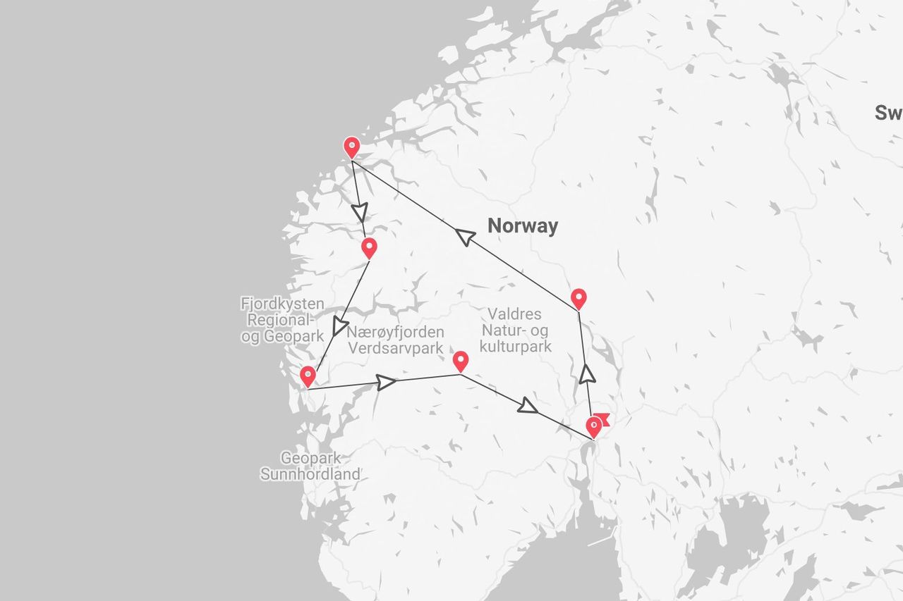 Eine Karte von Südnorwegen mit einer Reiseroute, die mit roten Stecknadeln markiert ist und durch mehrere Parks, darunter den Nærøyfjorden Verdsarvpark, führt.