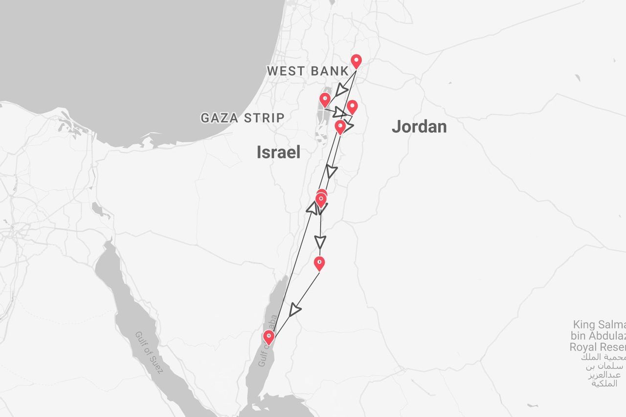 Mapa con itinerario de viaje y puntos marcados por Israel y Cisjordania, junto a Jordania.