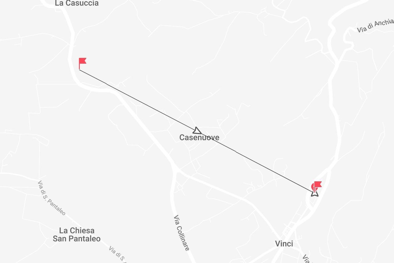 Mappa del tragitto tra La Casuccia e Vinci, passando per Casenuove.