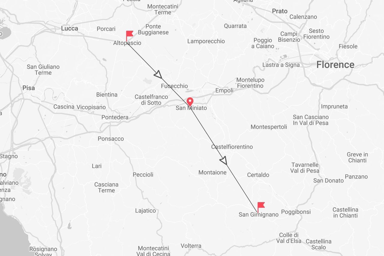 Una mappa della Toscana che mostra un percorso da Altopascio a San Gimignano, con una sosta a San Miniato.