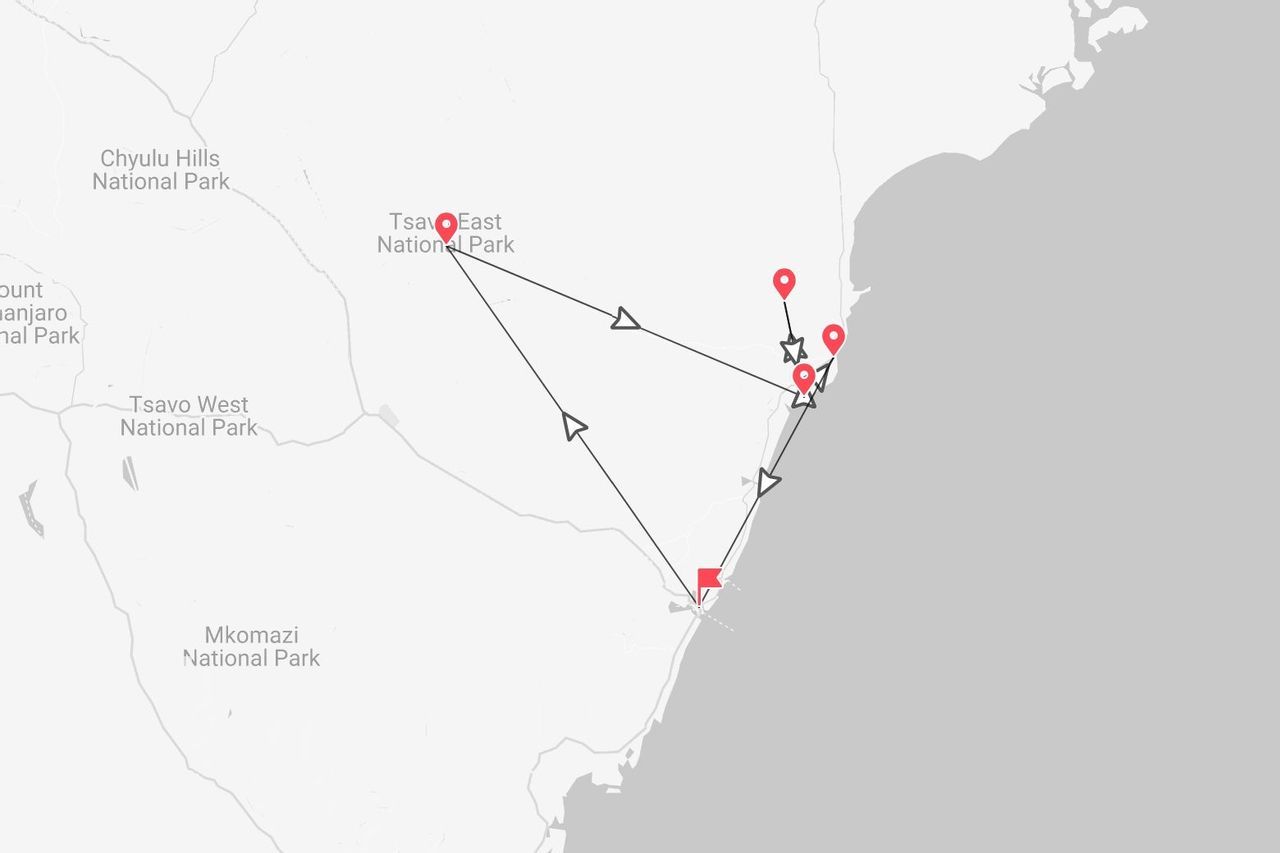 Mappa di un itinerario di viaggio in Kenya, con percorso attraverso il Parco Nazionale dello Tsavo Est e località costiere.