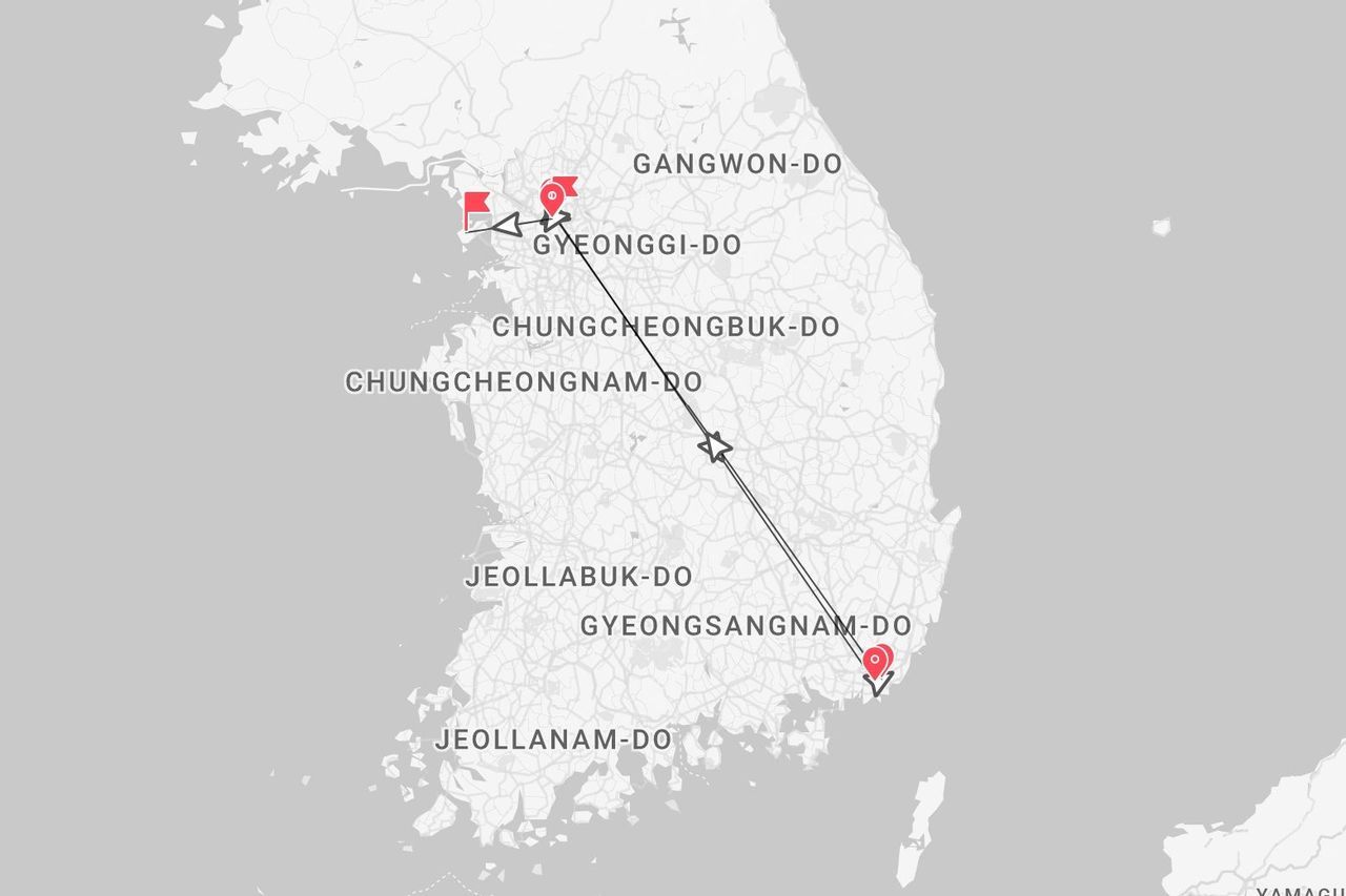 Una mappa della Corea del Sud con un itinerario di viaggio segnato da Gyeonggi-do nel nord-ovest a Gyeongsangnam-do nel sud-est.