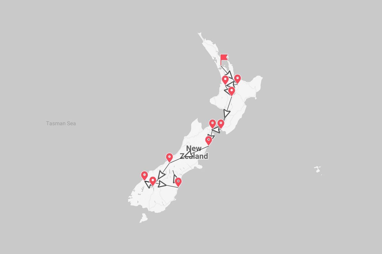 Mappa della Nuova Zelanda che mostra un itinerario di viaggio con tappe segnate da puntine rosse attraverso l'Isola del Nord e del Sud.