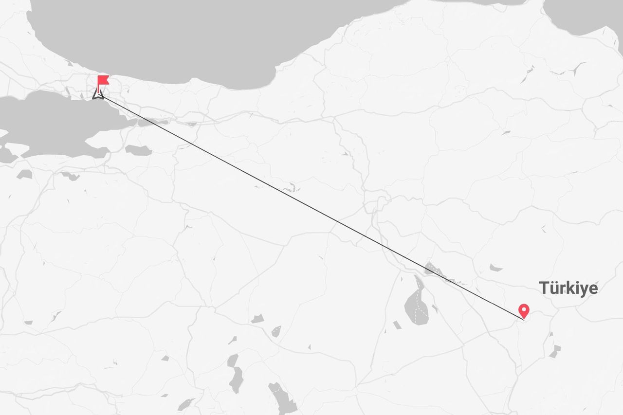Eine stilisierte Karte zeigt eine Reiseroute durch die Türkei, beginnend an einer Küstenstadt und im Landesinneren endend.