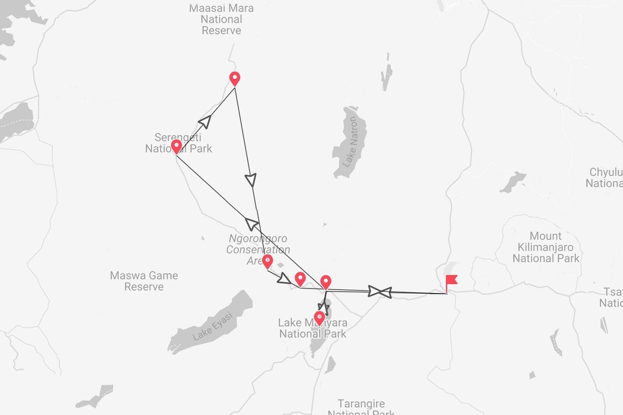 Mappa dell'itinerario per un viaggio attraverso il Parco Nazionale del Serengeti, l'Area di Conservazione di Ngorongoro e il Parco Nazionale del Lago Manyara.