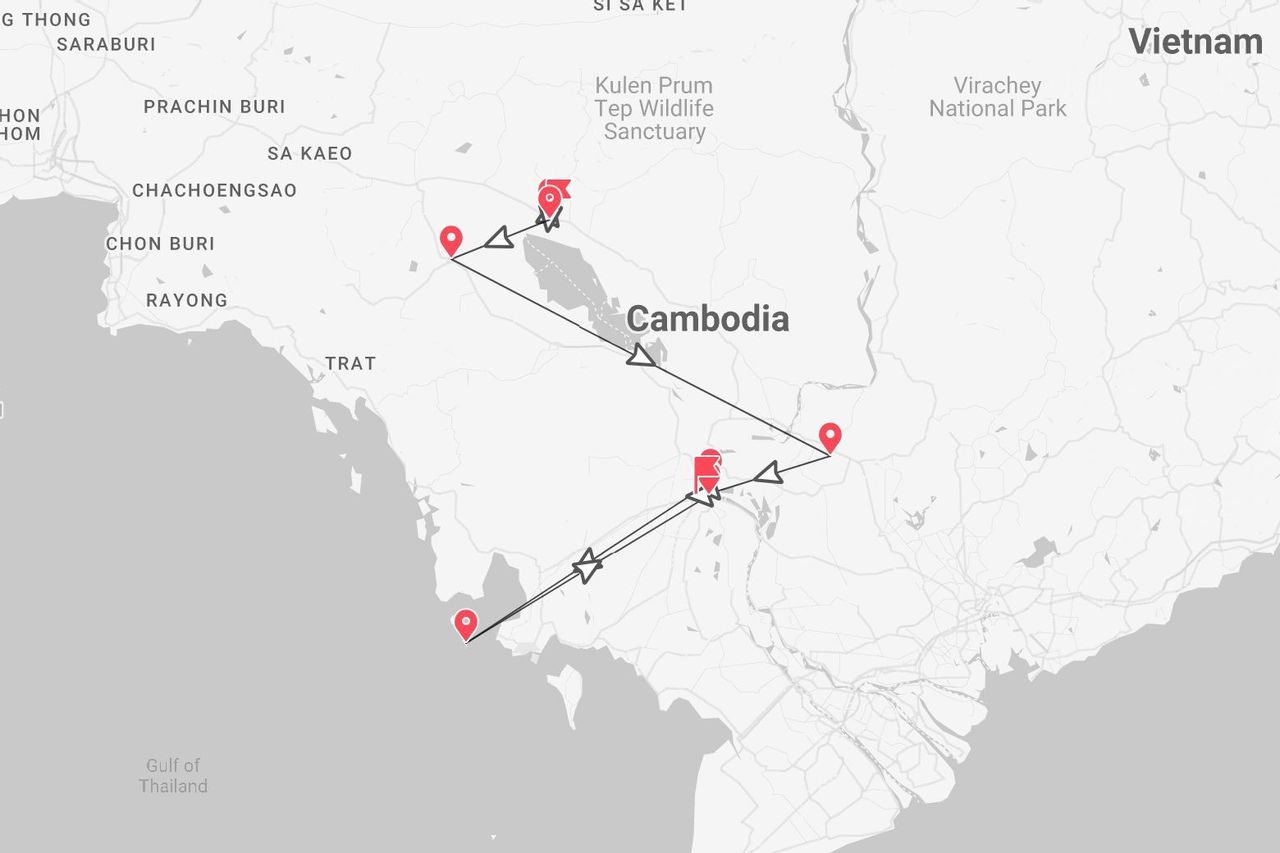 Mappa di un itinerario di viaggio in Cambogia, con il percorso indicato da linee che collegano diverse località.